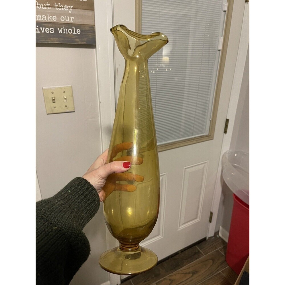 Vintage Amber Italian Empoli Art Glass Pedestal Bottle Vase 50s MCM 17.5βT